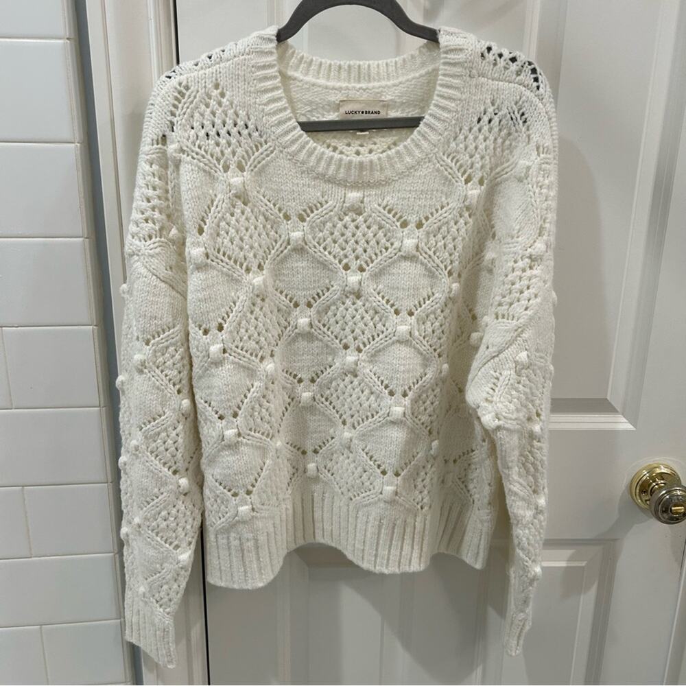 Lucky Brand Ivory Diamond Open Knit Bobble Chunky Crewneck Sweater White Sz XL - Picture 4 of 15
